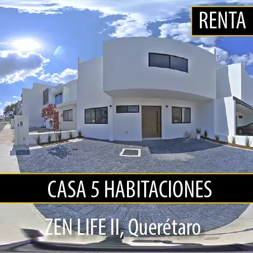 Casa de 3 niveles con rooftop en Zen Life II. 5 habitaciones (1 en planta baja, 1 en rooftop). Amenidades: alberca, salón de eventos, seguridad 24 hrs. Renta: $33,000 MXN.